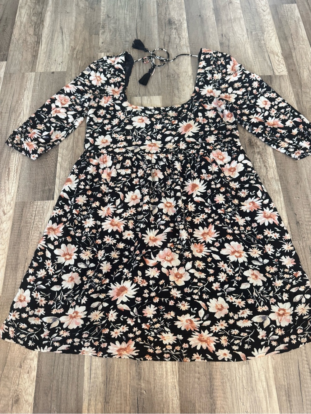 Boho Black Floral Dress with Peach Flowers